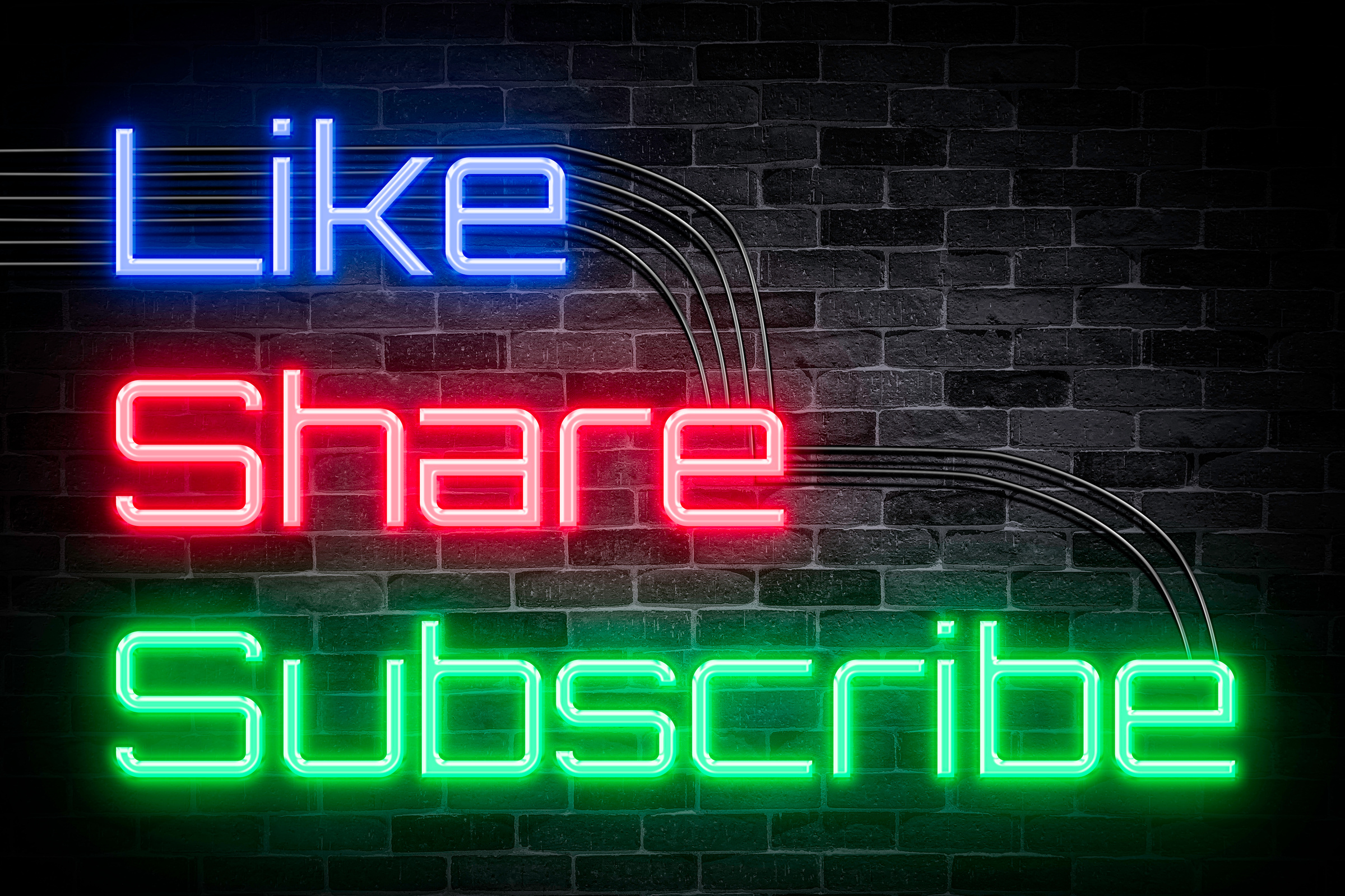 Like Share subscribe neon banner, light signboard.